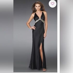 LA FEMME | Black Satin Animal Straps Halter Gown Sz 6